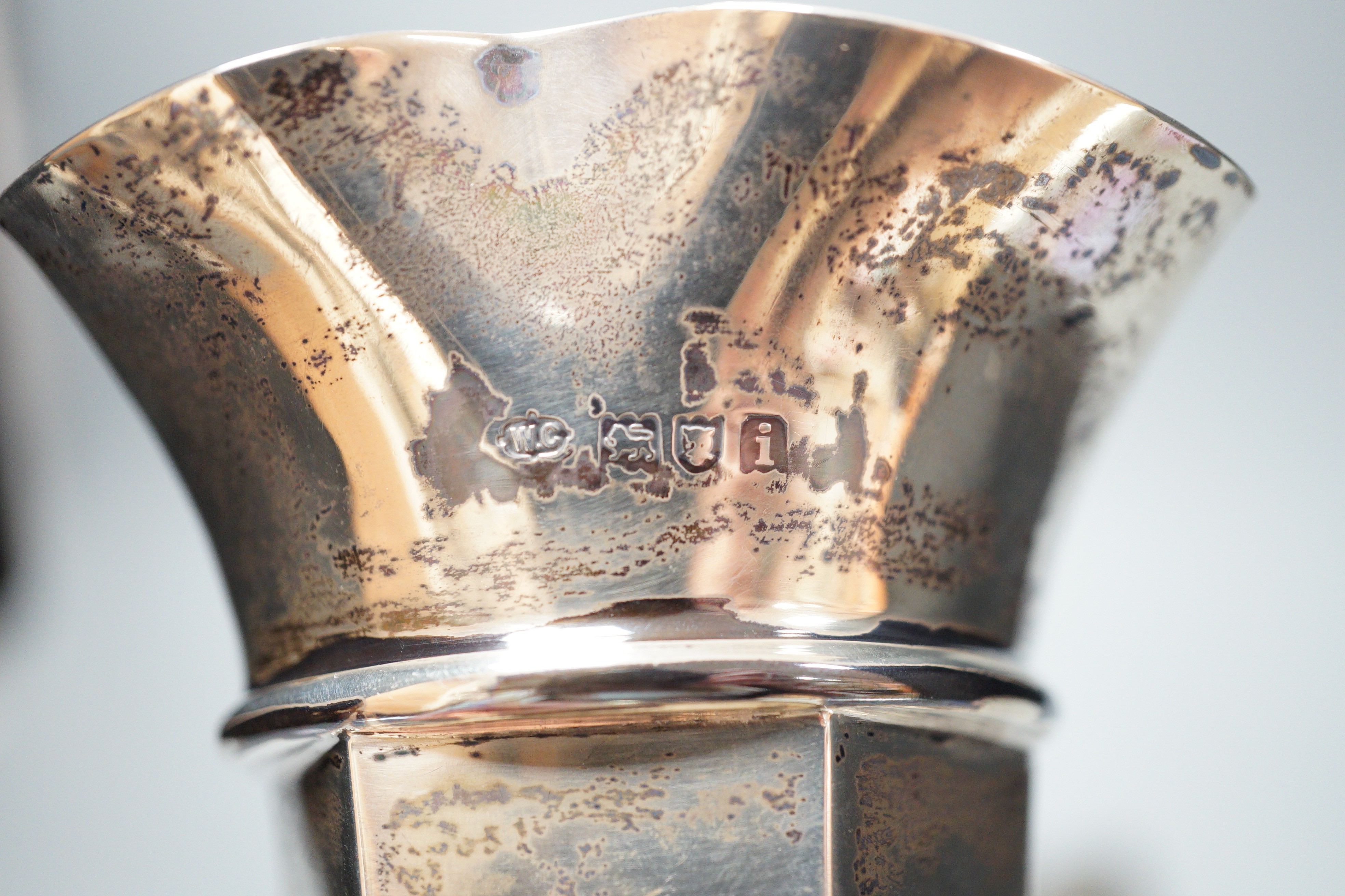 A late Victorian pierced silver pedestal bon bon dish, London, 1898, a silver mounted specimen vase and two silver backed brushes